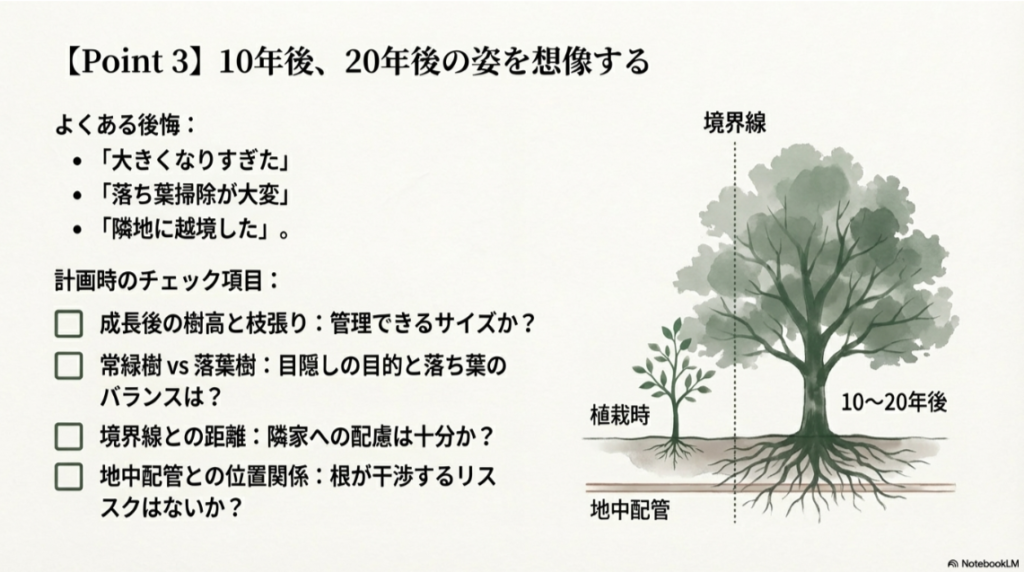 植栽時と10～20年後の木の大きさの比較図、および隣地境界線や地中配管への配慮ポイントを示した図