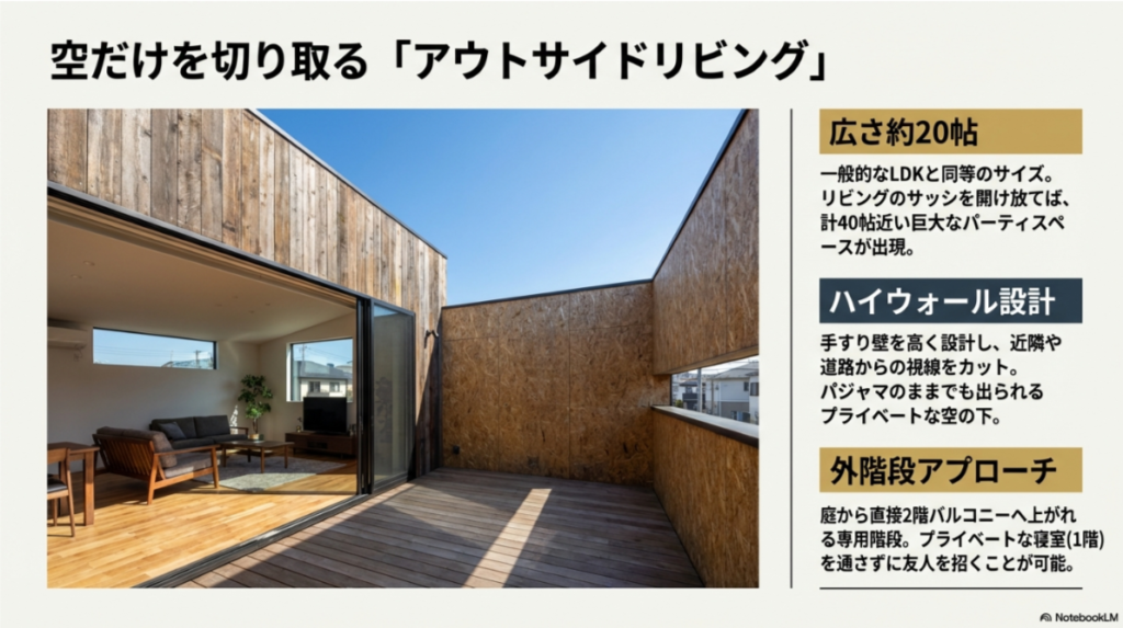 リビングとフラットに繋がる広大なウッドデッキバルコニー。高い壁でプライバシーを確保しつつ空を楽しむ空間設計。