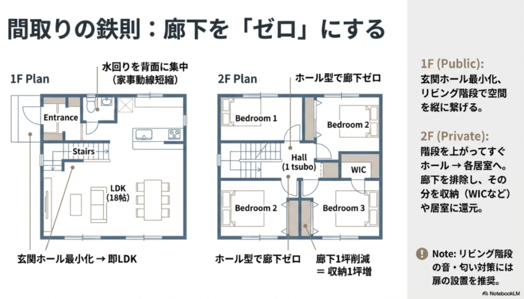 1階LDK18帖と水回り動線、2階ホール型で廊下を削減し収納を確保した25坪の間取り実例図面。