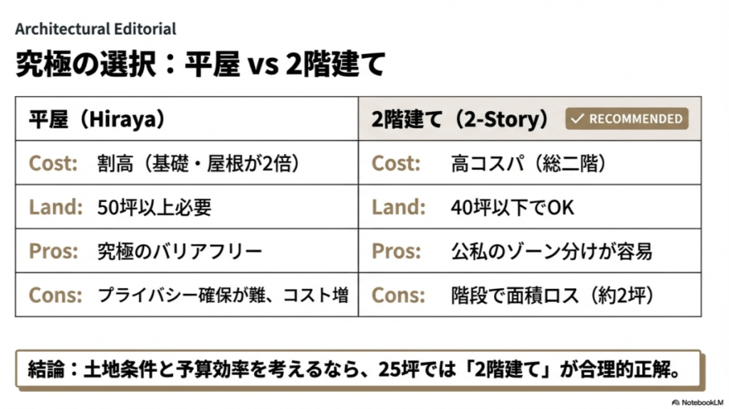 25坪の家づくりにおける平屋と2階建ての建築コスト、必要土地面積、メリット・デメリットの比較表。