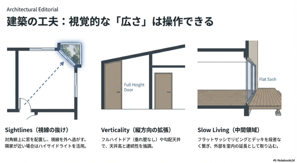 視線の抜けを作る窓配置、天井を高く見せるフルハイトドア、内と外を繋ぐフラットサッシによる空間拡張テクニック。
