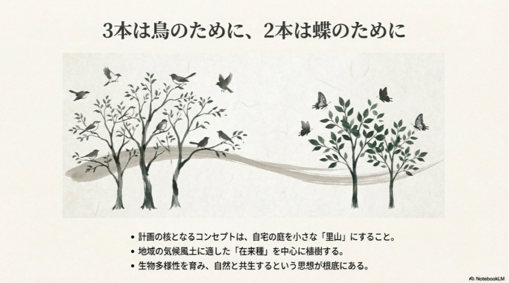 3本は鳥のため、2本は蝶のためにというスローガンと共に描かれた、木に集まる鳥と蝶のイラスト