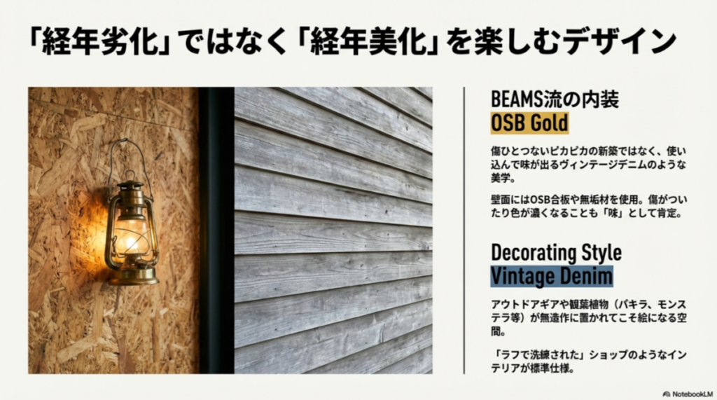傷や経年変化を楽しむヴィンテージスタイルの内装。OSB合板の壁に飾られたランタンと木目のテクスチャ詳細。