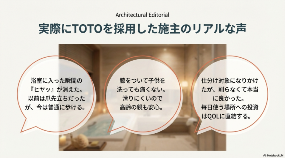 実際にTOTOを採用した施主の感想。「ヒヤッが消えた」「膝をついても痛くない」「QOLに直結する投資」などの声を吹き出し形式で紹介したスライド。