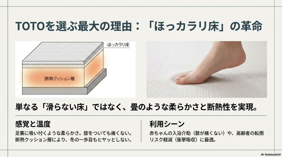 TOTOほっカラリ床の断面図イラスト。断熱クッション層による畳のような柔らかさと、断熱性の仕組みを解説したスライド。
