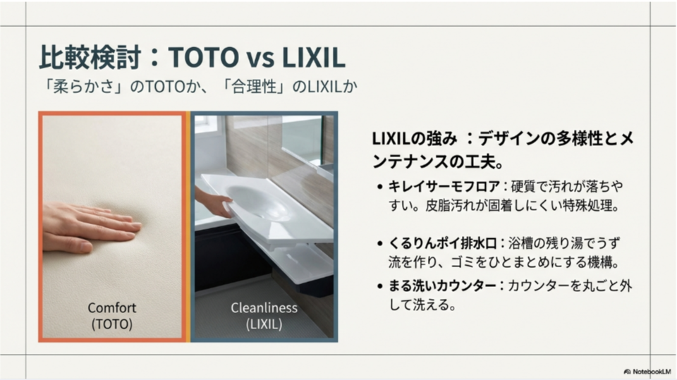 LIXILの丸洗いカウンターを取り外している写真。「柔らかさのTOTO」対「合理性のLIXIL」という対比と、キレイサーモフロアなどのLIXILの強みを解説したスライド。