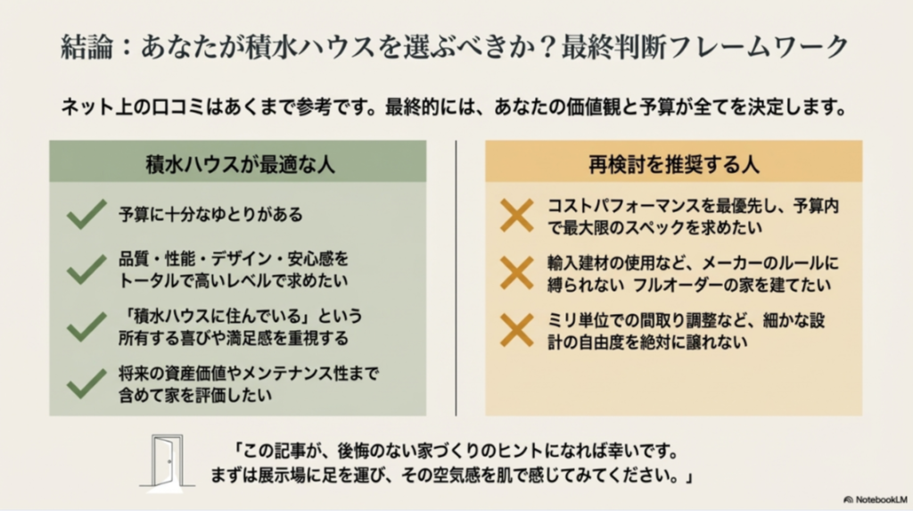 予算や価値観に基づいて、積水ハウスを選ぶべき人と再検討を推奨する人の特徴をまとめた判断基準リスト。