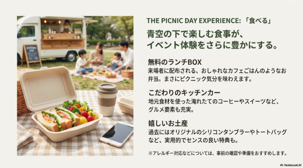 芝生の上広げられたサンドイッチが入ったランチBOXとコーヒー。背景にはキッチンカーとピクニックを楽しむ家族。