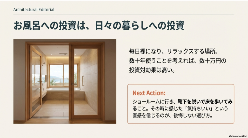 開放的な窓があるバスルームの写真。「ショールームで靴下を脱いで床を歩いてみる」という次のアクションを促すメッセージスライド。