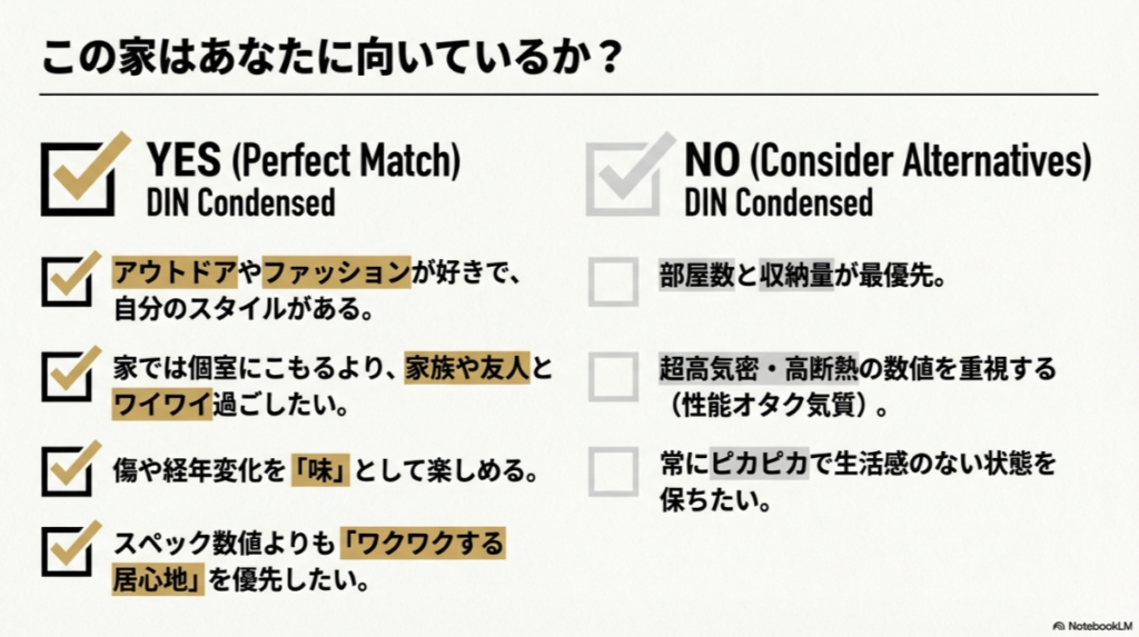 アウトドアや経年変化を楽しむ人には向いているが、性能数値や収納量を最優先する人には不向きであることを示したチェックリスト。