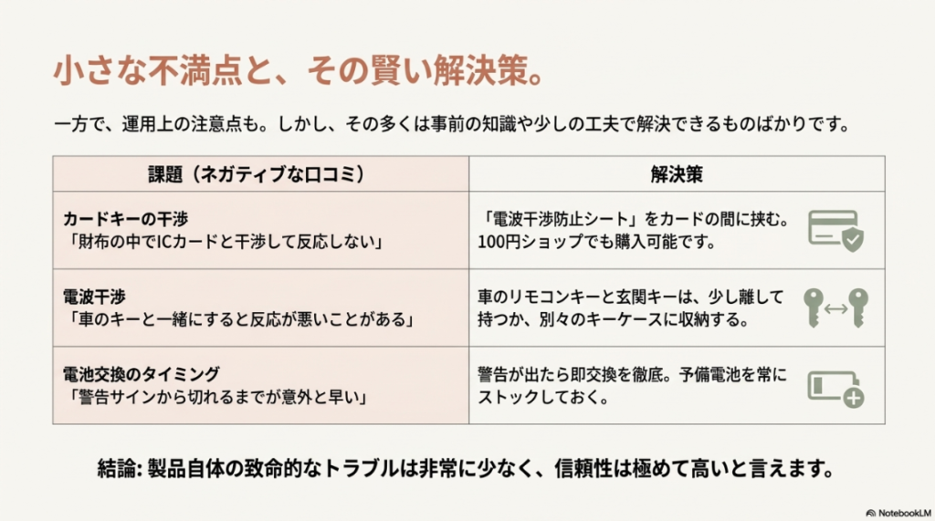 カードキーの干渉や電池切れの警告など、電子錠のデメリットへの具体的な対処法一覧