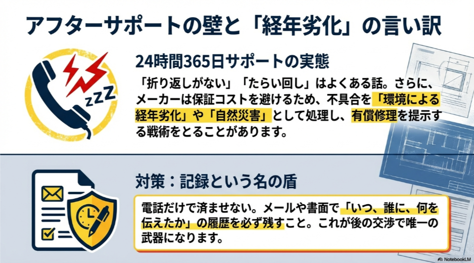 電話がつながらない様子と、メールや書面で記録を残す「防御」の盾のイラスト。経年劣化として処理されないための交渉術。