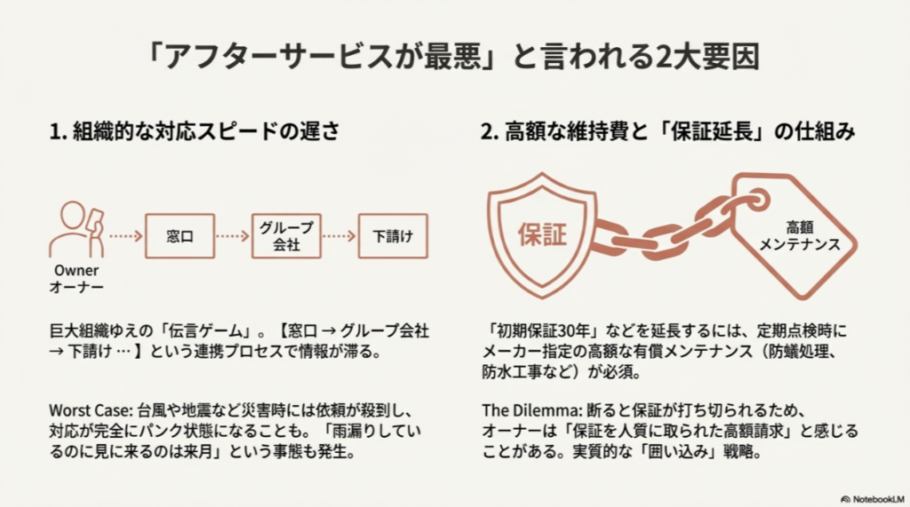 オーナーから下請け業者までの連絡フローで情報が滞る図と、保証延長のために高額な有償工事が必要になる「囲い込み」の構図。