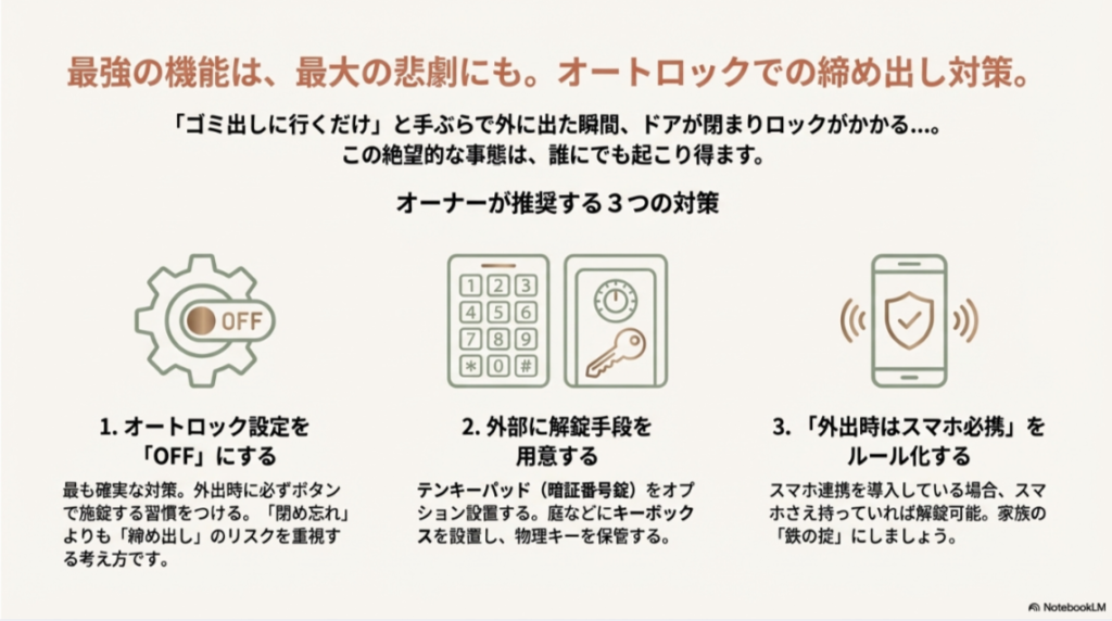 オートロック設定の解除や外部キーパッドの設置など、締め出し事故を防ぐ3つの対策