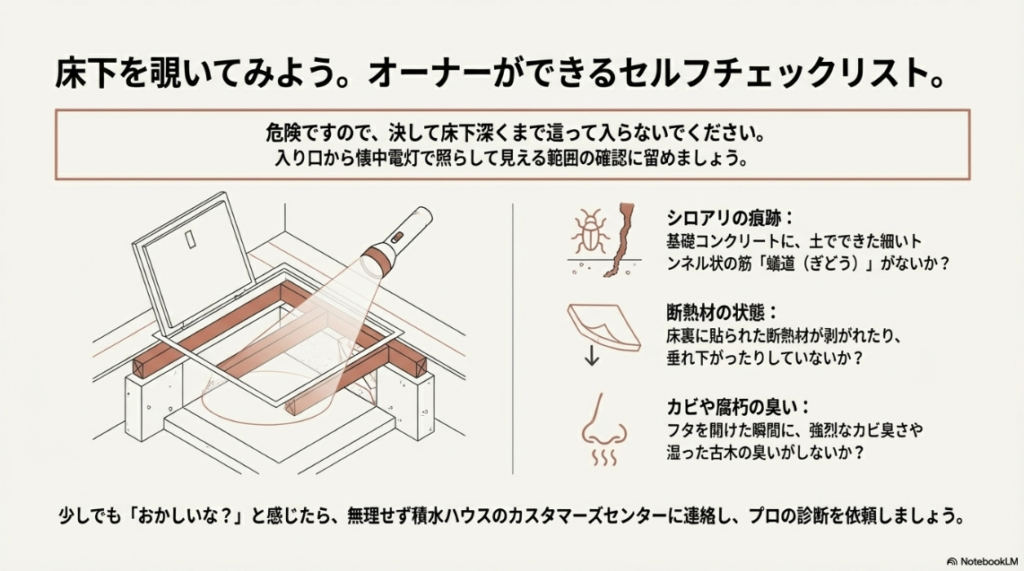 シロアリの蟻道、断熱材の剥がれ、カビの臭いなど、床下を覗いた際に確認すべきポイントをまとめたチェックリスト画像。