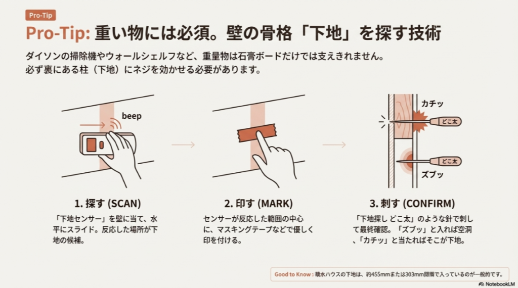 下地センサーでスキャンし、マスキングテープで印をつけ、下地探しどこ太で最終確認をする、壁裏の間柱を見つける手順のイラスト。