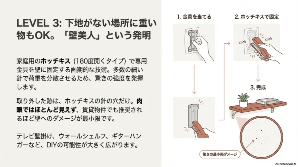 家庭用ホッチキスを使って石膏ボードに金具を固定する「壁美人」の取り付けステップと、針穴が目立たないメリットの解説。