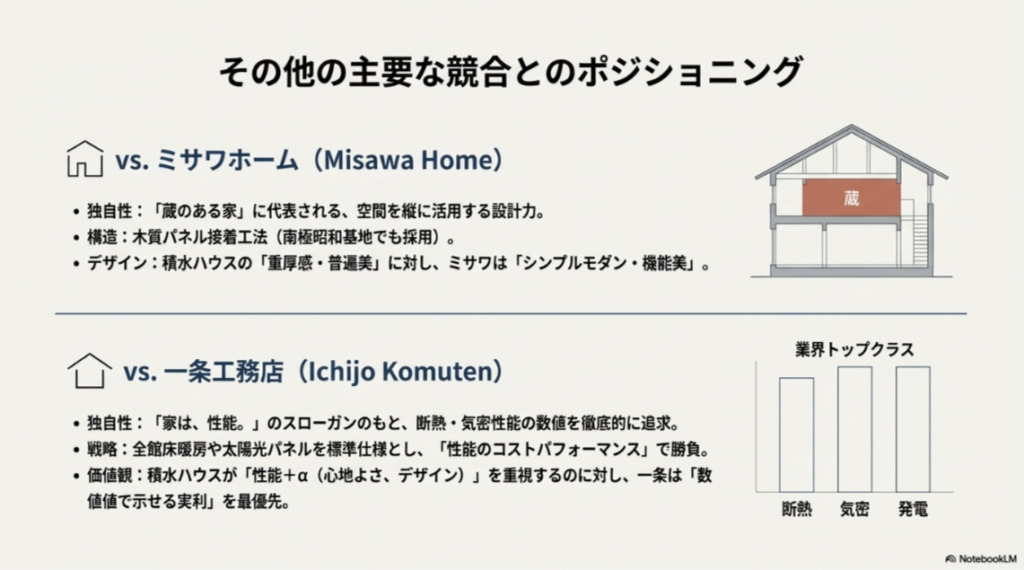 ミサワホームの特徴である大収納空間「蔵」の断面図と、一条工務店の断熱・気密性能へのこだわりを示すイメージ図