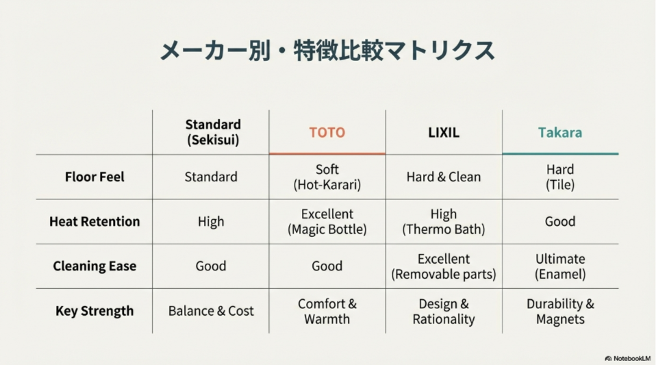 積水ハウス標準、TOTO、LIXIL、タカラスタンダードの4社を「床の感触」「保温性」「清掃性」「強み」で横断的に比較した一覧表。