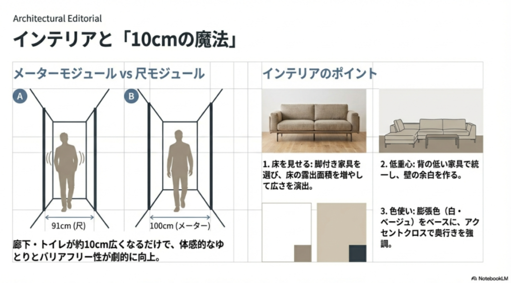 尺モジュール(91cm)と積水ハウスのメーターモジュール(100cm)の廊下幅比較図と、広く見せるインテリアのコツ。
