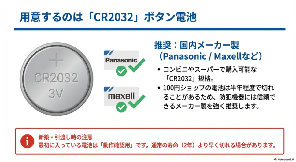 電子錠リモコンキーに使用するボタン電池CR2032。PanasonicやMaxellなどの国内メーカー製が推奨されており、100円ショップの電池は寿命が短い可能性がある点や、新築時の電池は動作確認用である注意点が記載されている 。