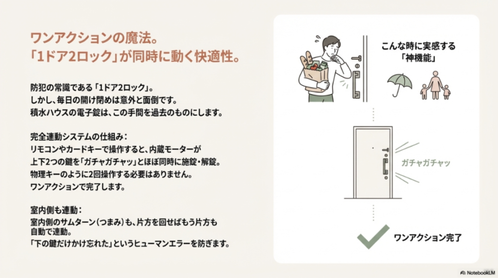 ボタン一つで上下2つのロックが同時に施錠・解錠される仕組みのイラスト