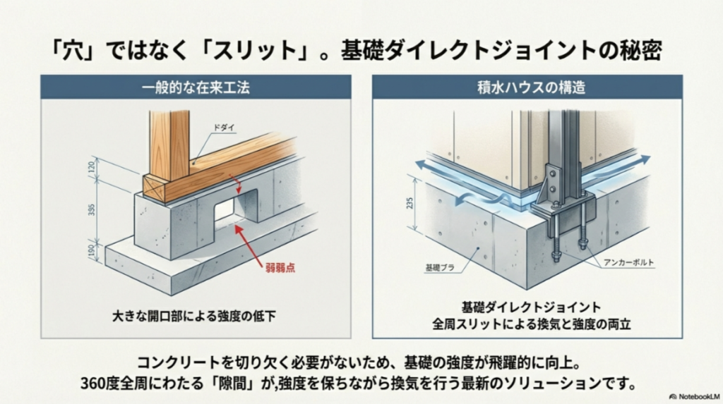 在来工法の基礎にある大きな開口部と、積水ハウスの基礎ダイレクトジョイントによる全周スリット構造を比較したイラスト。
