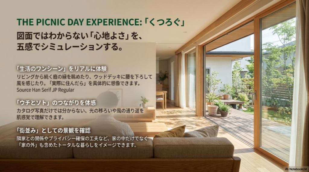 リビングから庭を眺める子供や、夜に温かい光の中でくつろぐ家族の様子。図面ではわからない心地よさの体験イメージ。