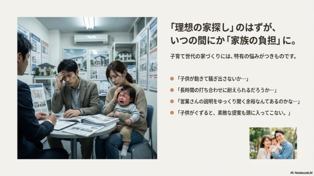 住宅展示場の商談スペースで、泣き出した子供を抱えて困り果てている両親と営業担当者の様子。