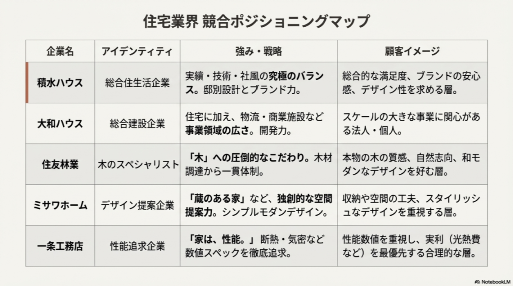 積水ハウス、大和ハウス、住友林業、ミサワホーム、一条工務店のアイデンティティ、強み、顧客イメージを整理した業界分析マップ