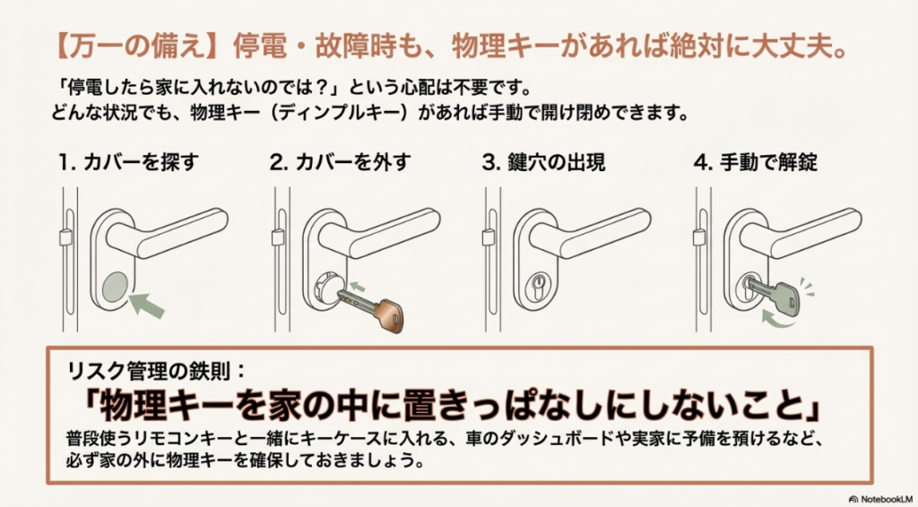 電子錠のカバーを外して物理キーで手動解錠する手順のイラスト解説
