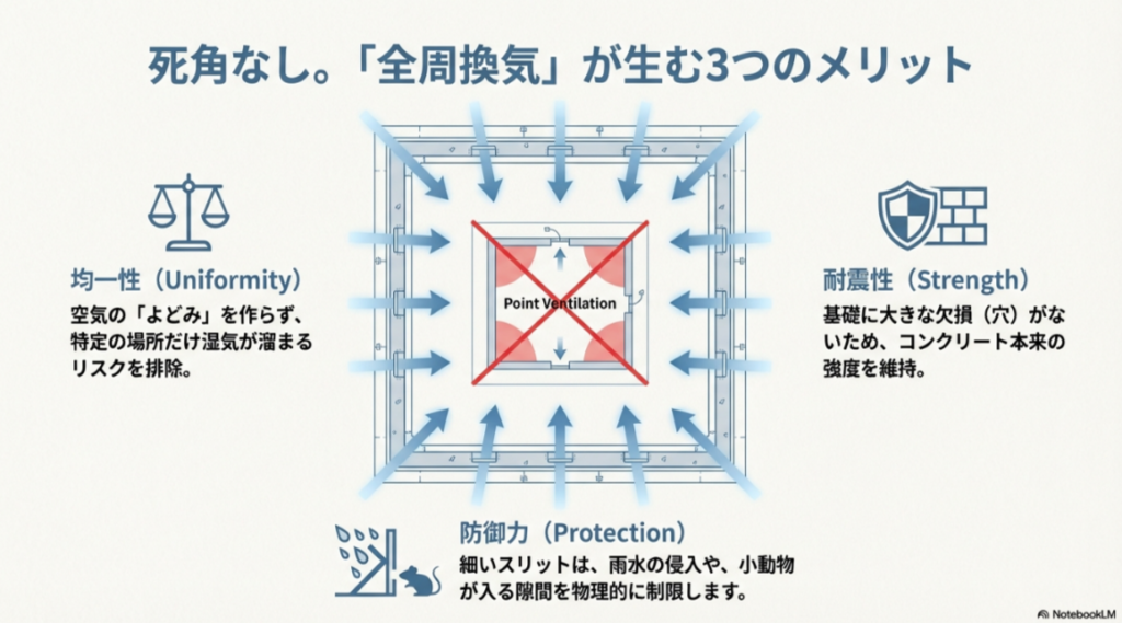 基礎の全周から均一に換気する様子を示す図解。均一性、耐震性、防御力の3つのメリットが解説されている。