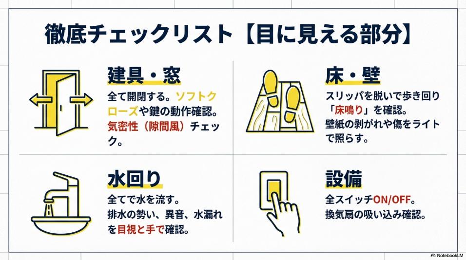 ドアの開閉、水道の通水確認、スイッチ操作など、目に見える部分の具体的なチェック方法を描いたイラスト。