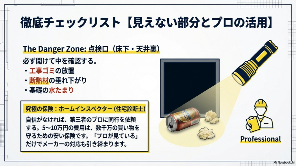 点検口を開けて床下や天井裏を確認する重要性と、第三者のプロ（ホームインスペクター）に同行依頼するメリットの解説。