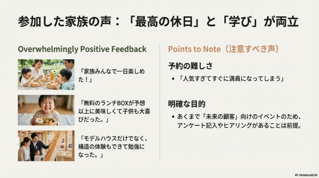 お弁当を美味しそうに食べる子供の笑顔と、参加した家族からのポジティブな感想や注意点がまとめられたスライド。
