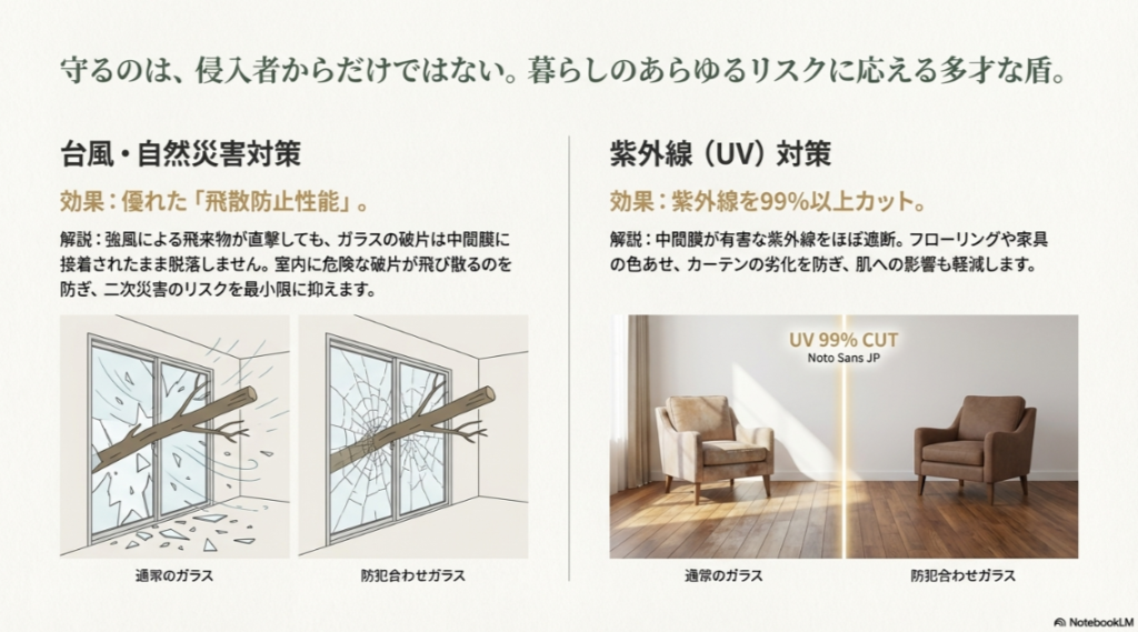 強風で木が衝突しても貫通しない飛散防止性能と、紫外線を99%カットして家具の色あせを防ぐ効果の比較イメージ