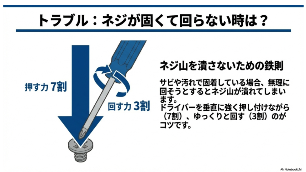 ネジ山を潰さないためのドライバーの回し方。押す力7割、回す力3割の配分でドライバーを垂直に強く押し付けながらゆっくり回すイラスト解説 。
