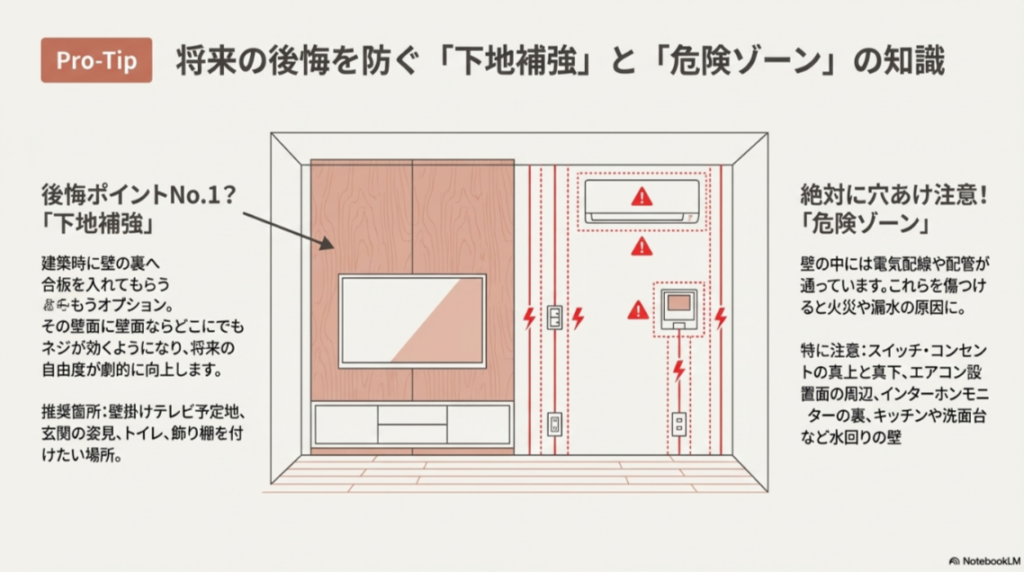 スイッチやコンセントの縦ライン、エアコン周辺など、電気配線や配管を傷つける恐れがあるため穴あけを避けるべき場所の図解。