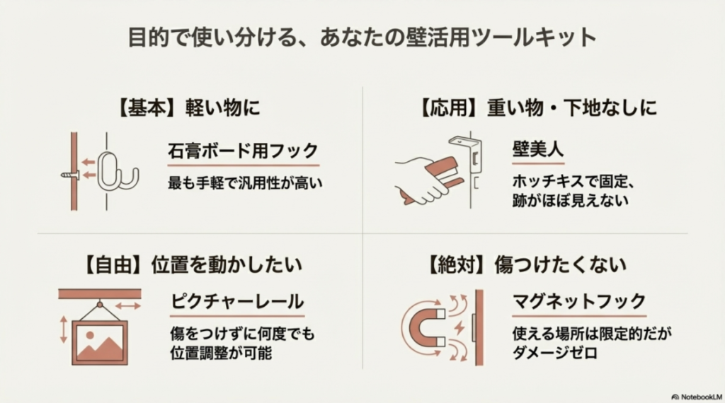 軽い物は石膏ボードフック、重い物は壁美人や下地固定、位置調整ならピクチャーレールなど、目的別に最適なツールを分類したチャート。