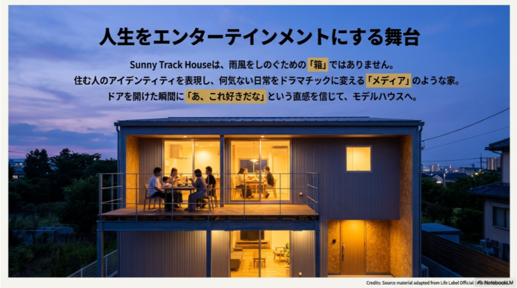 夕暮れ時にバルコニーで食事を楽しむ家族の様子。人生をエンターテインメントにする舞台としての住宅イメージ。