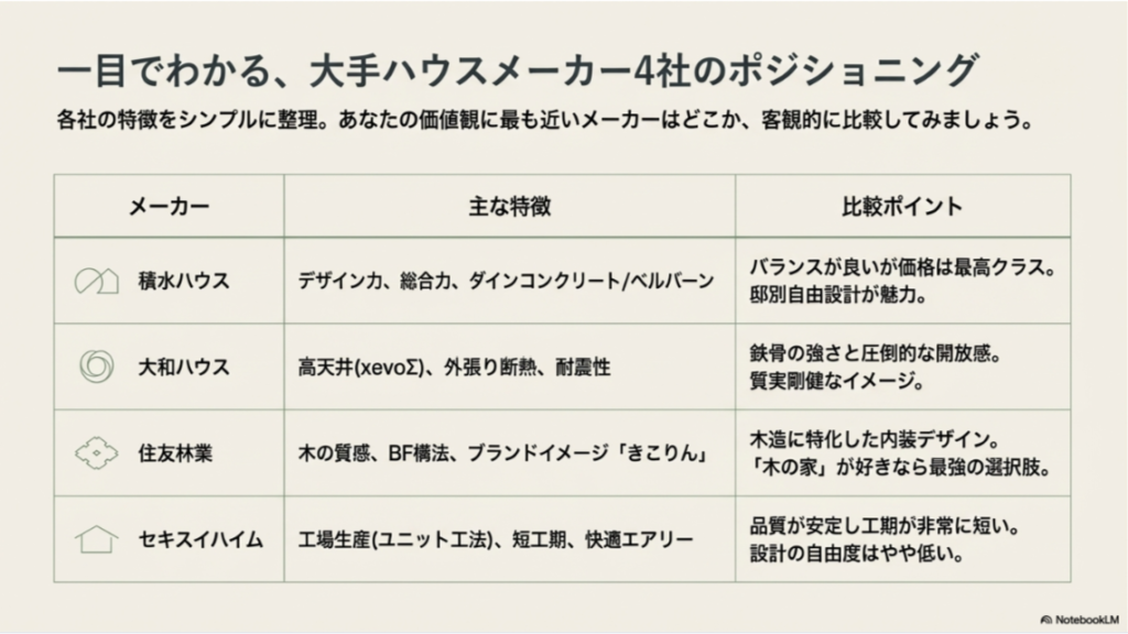 積水ハウス、大和ハウス、住友林業、セキスイハイムの4社について、主な特徴と選び方のポイントを整理したポジショニングマップ。