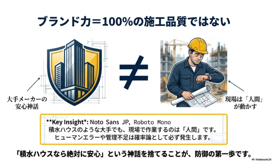 堅牢なビルの盾のイラストと、現場で図面を見ながら困っている作業員のイラストの対比。「ブランド力＝100%の施工品質ではない」という警告図。
