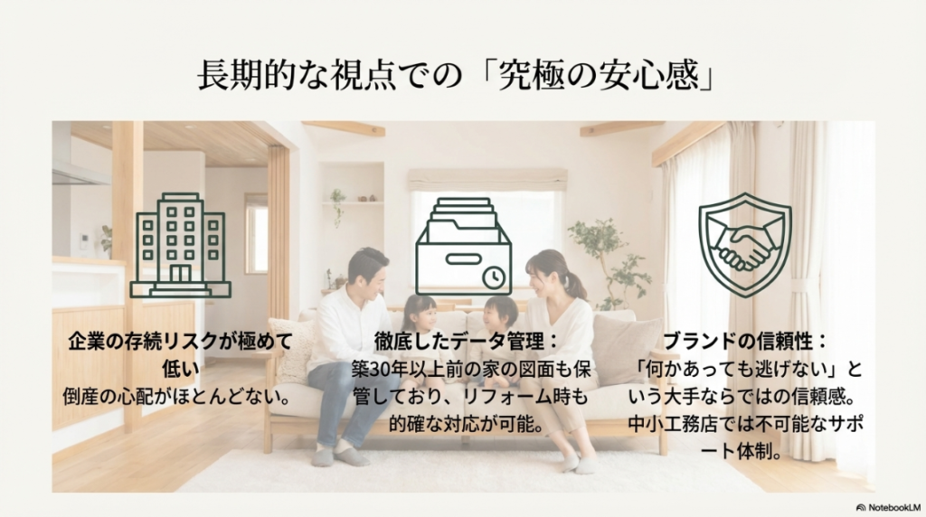 倒産リスクの低さ、過去の図面保管などのデータ管理、逃げないサポート体制など、大手企業を選ぶメリットのまとめ。