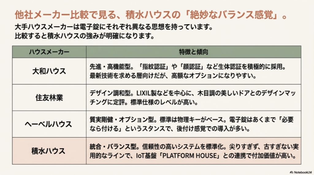 積水ハウス、大和ハウス、住友林業、ヘーベルハウスの電子錠の特徴を比較した一覧表