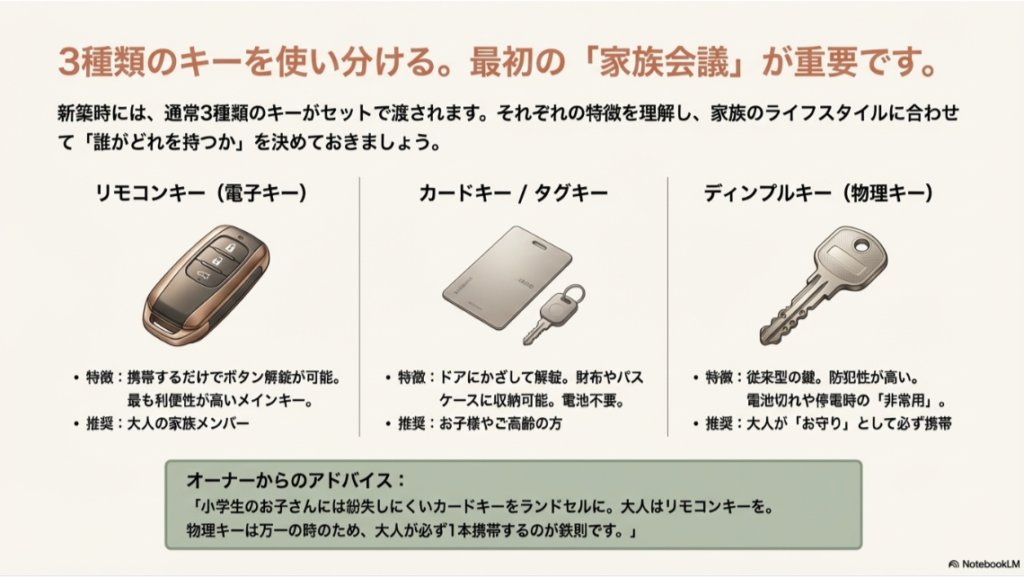 積水ハウスの電子錠セット（リモコンキー、カードキー、ディンプルキー）の実物写真とそれぞれの特徴