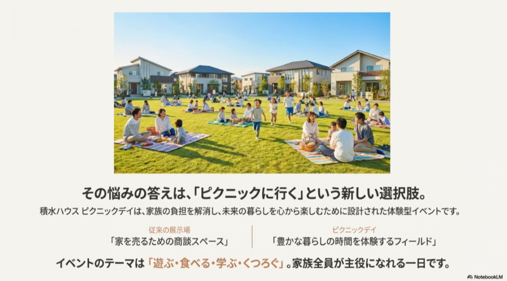 青空の下、広大な芝生広場でレジャーシートを広げてピクニックを楽しむ多くの家族連れの様子。