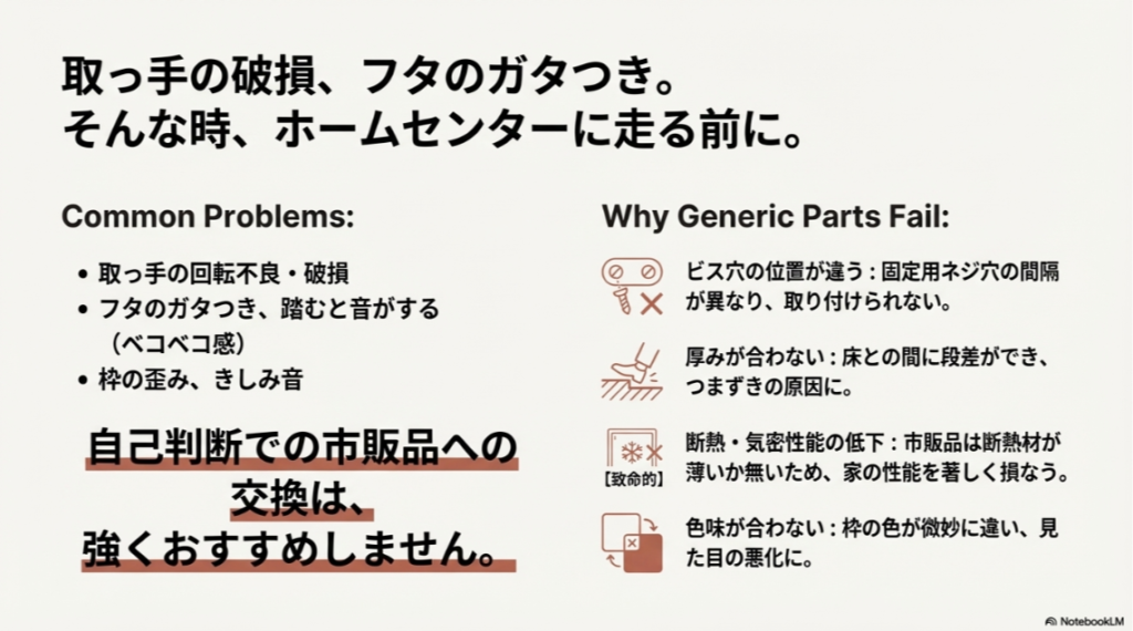 ビス穴のズレや断熱性能の低下など、純正品以外のパーツを使った際に起こりうる不具合を警告するスライド画像。