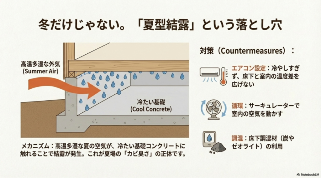 高温多湿な外気が冷たい基礎コンクリートに触れ、床下で結露が発生する様子を描いたイラスト。