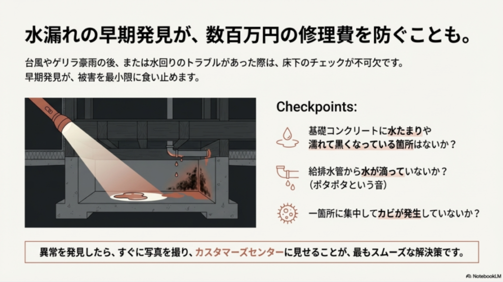 暗い床下を懐中電灯で照らし、水たまりや配管からの水漏れ、黒ずみなどを発見している様子のイラスト。