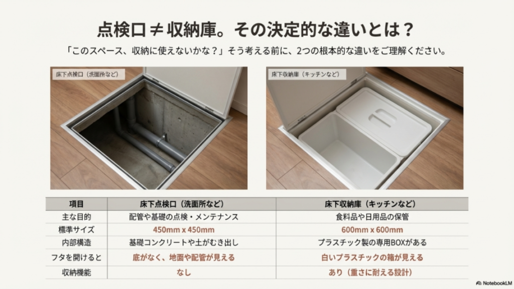 配管が見える「床下点検口」と、収納ボックスが入っている「床下収納庫」の写真を並べて比較し、違いを解説した画像。